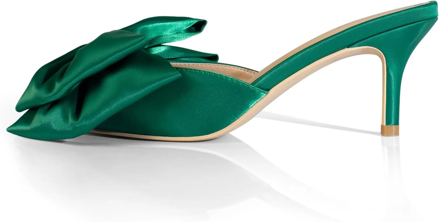 iadore Women's High Heel Sandals, 3'' Satin Closed Pointed Toe Oversized Bow Slip-on Stiletto Slippers Party Prom Casual Dress Mules