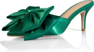 iadore Women's High Heel Sandals, 3'' Satin Closed Pointed Toe Oversized Bow Slip-on Stiletto Slippers Party Prom Casual Dress Mules