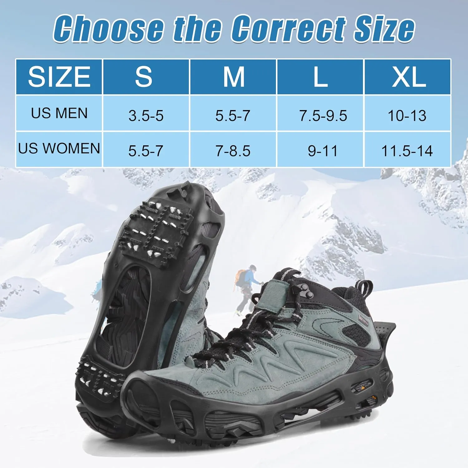 Ice Cleats Snow Traction Cleats Crampon for Walking on Snow and Ice Non-Slip Overshoe Rubber Anti Slip Crampons Slip-on Stretch Footwear