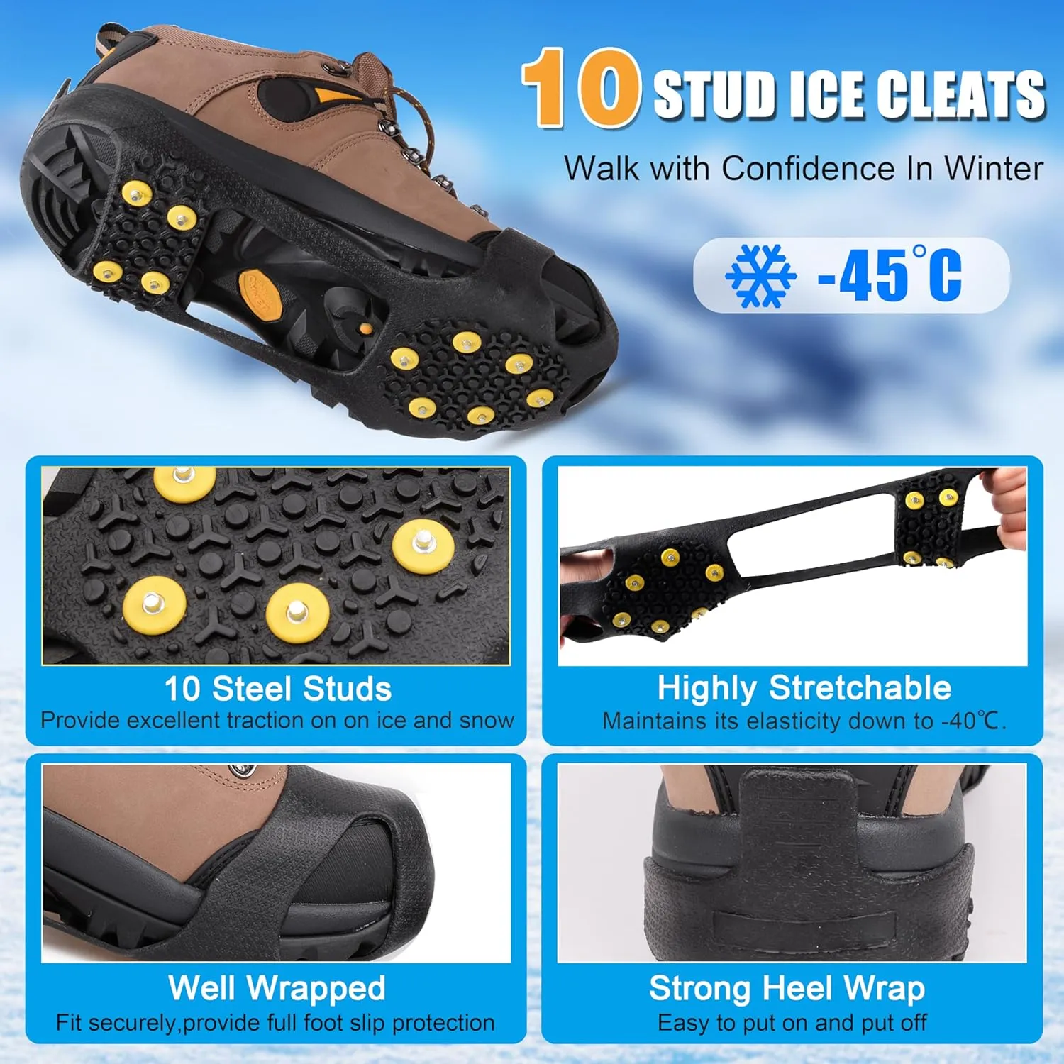 Ice Snow Cleats for Shoes Boots,Walk Traction Cleats Rubber Crampons Anti Slip 10-Stud Winter Ice Cleat Slip-on Stretch Footwear for Women Men Kids