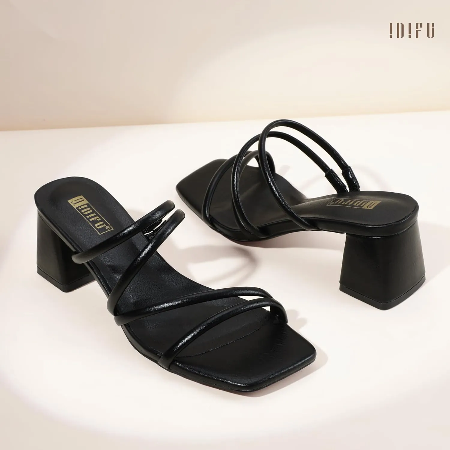 IDIFU IN2 Strappy Heels for Women Square Toe Low Chunky Block Heels Wedding Prom Slip On Dress Shoes for Bride Bridesmaid Comfortable Heeled Slide Sandals Slingback Short Mule Heels