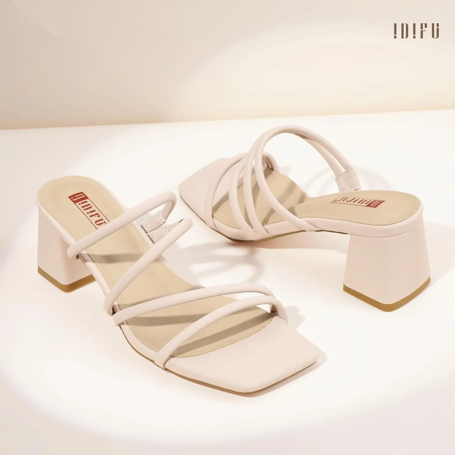 IDIFU IN2 Strappy Heels for Women Square Toe Low Chunky Block Heels Wedding Prom Slip On Dress Shoes for Bride Bridesmaid Comfortable Heeled Slide Sandals Slingback Short Mule Heels