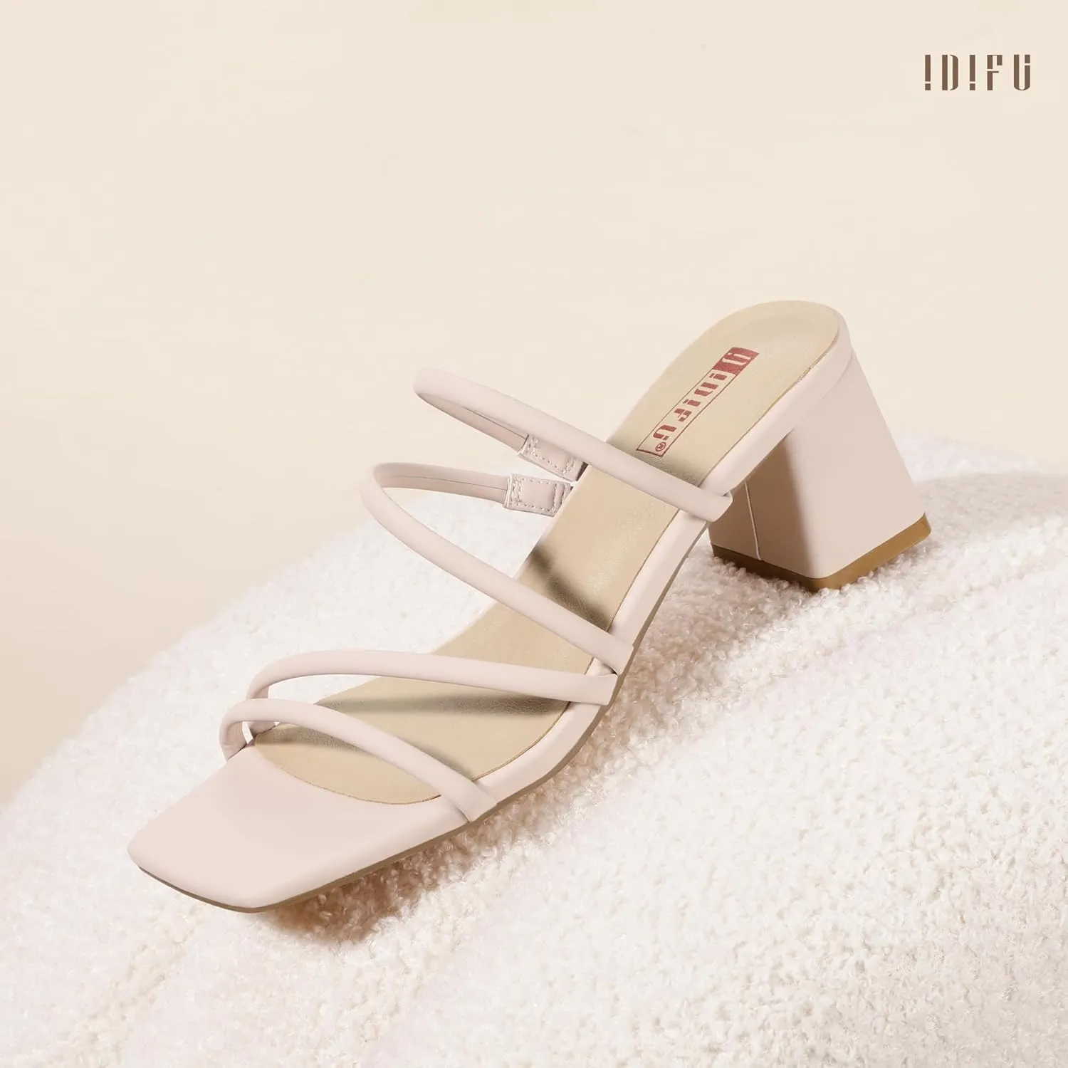 IDIFU IN2 Strappy Heels for Women Square Toe Low Chunky Block Heels Wedding Prom Slip On Dress Shoes for Bride Bridesmaid Comfortable Heeled Slide Sandals Slingback Short Mule Heels