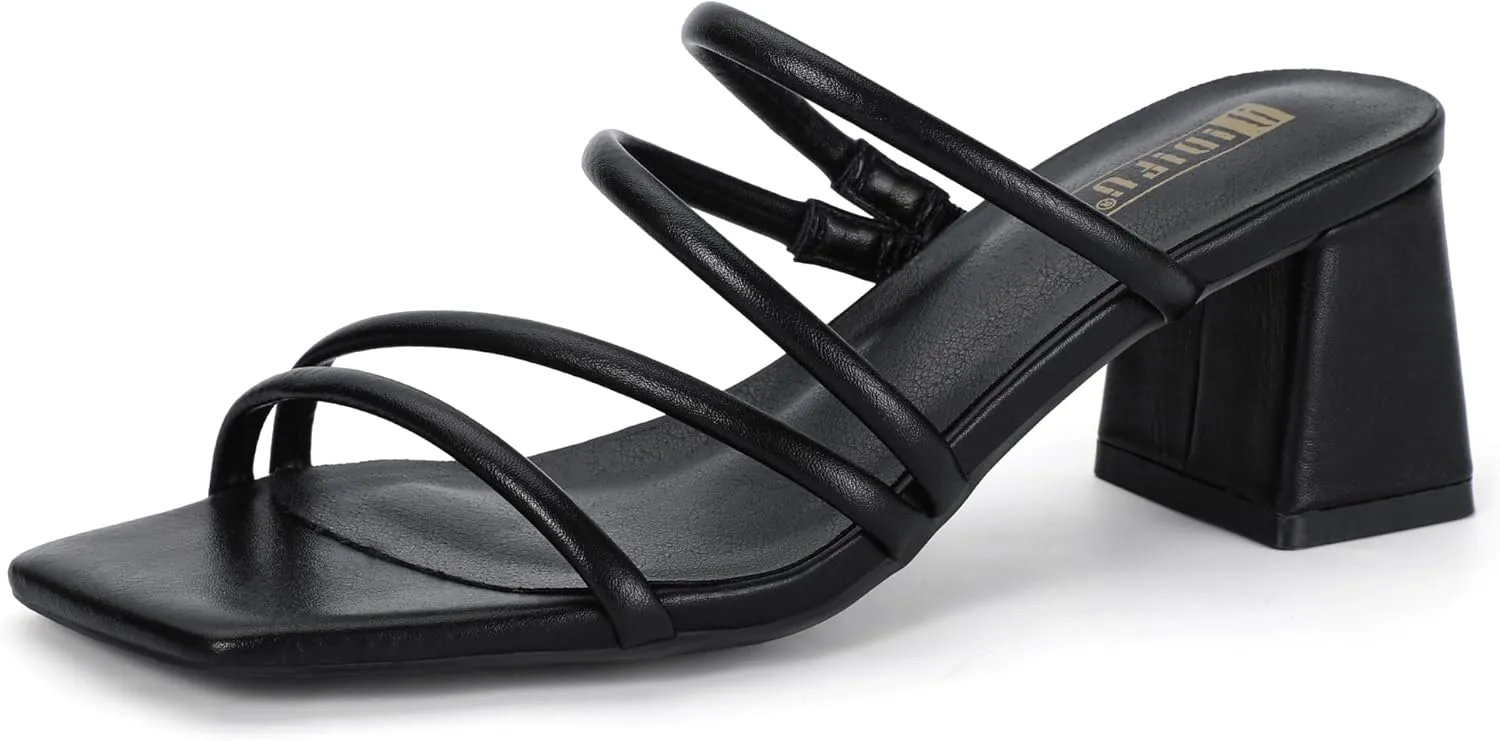 IDIFU IN2 Strappy Heels for Women Square Toe Low Chunky Block Heels Wedding Prom Slip On Dress Shoes for Bride Bridesmaid Comfortable Heeled Slide Sandals Slingback Short Mule Heels