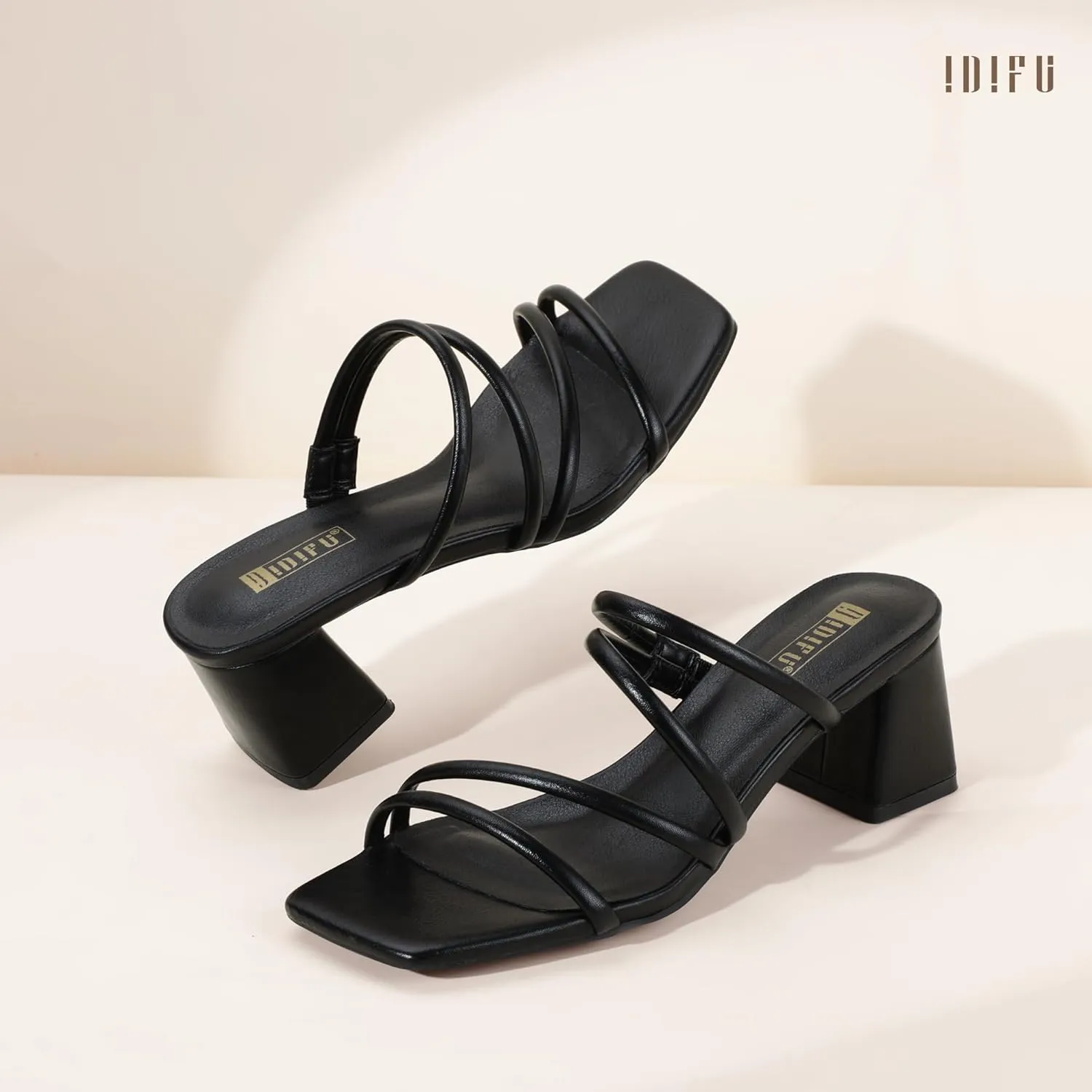 IDIFU IN2 Strappy Heels for Women Square Toe Low Chunky Block Heels Wedding Prom Slip On Dress Shoes for Bride Bridesmaid Comfortable Heeled Slide Sandals Slingback Short Mule Heels