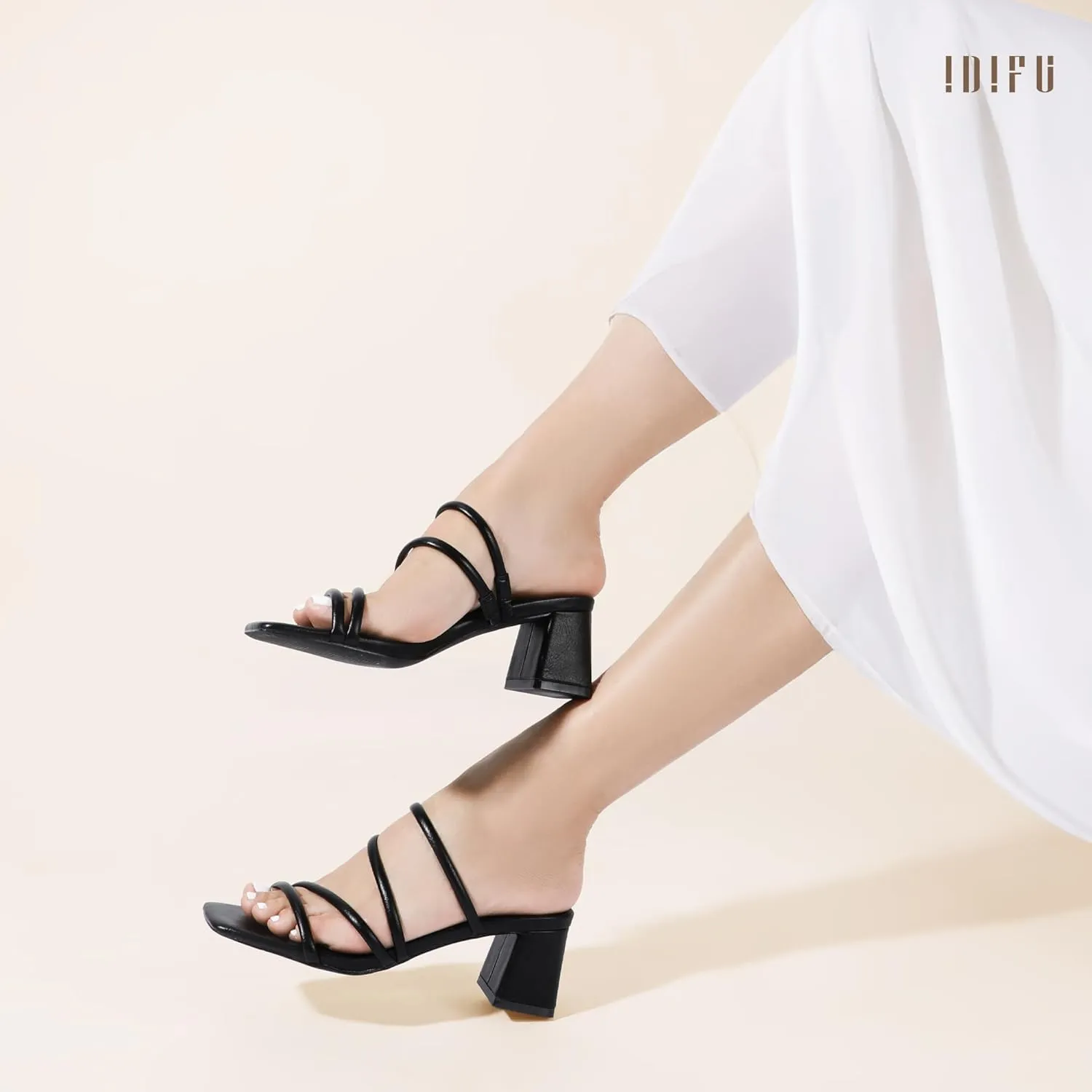 IDIFU IN2 Strappy Heels for Women Square Toe Low Chunky Block Heels Wedding Prom Slip On Dress Shoes for Bride Bridesmaid Comfortable Heeled Slide Sandals Slingback Short Mule Heels