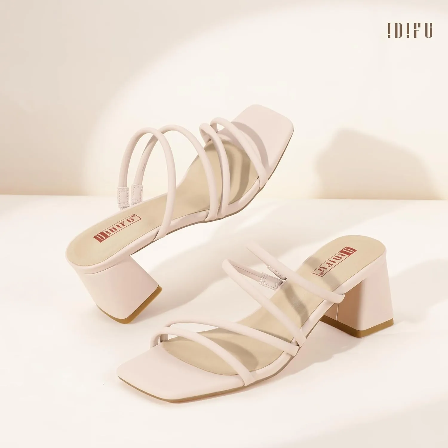 IDIFU IN2 Strappy Heels for Women Square Toe Low Chunky Block Heels Wedding Prom Slip On Dress Shoes for Bride Bridesmaid Comfortable Heeled Slide Sandals Slingback Short Mule Heels
