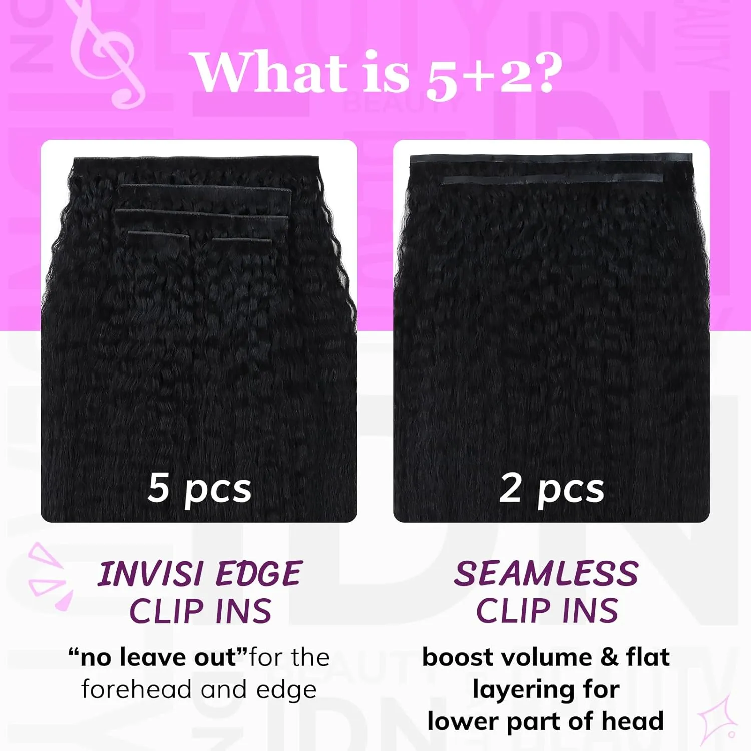 IDN BEAUTY 5 2 Invisi Edge Seamless Clip in Hair Extensions Human Hair Combo Pack, Kinky Straight 14 Inch 110g 5pcs Invisible Edge and 2pcs Seamless Clip ins for Black Women Natural Black No Leave Out