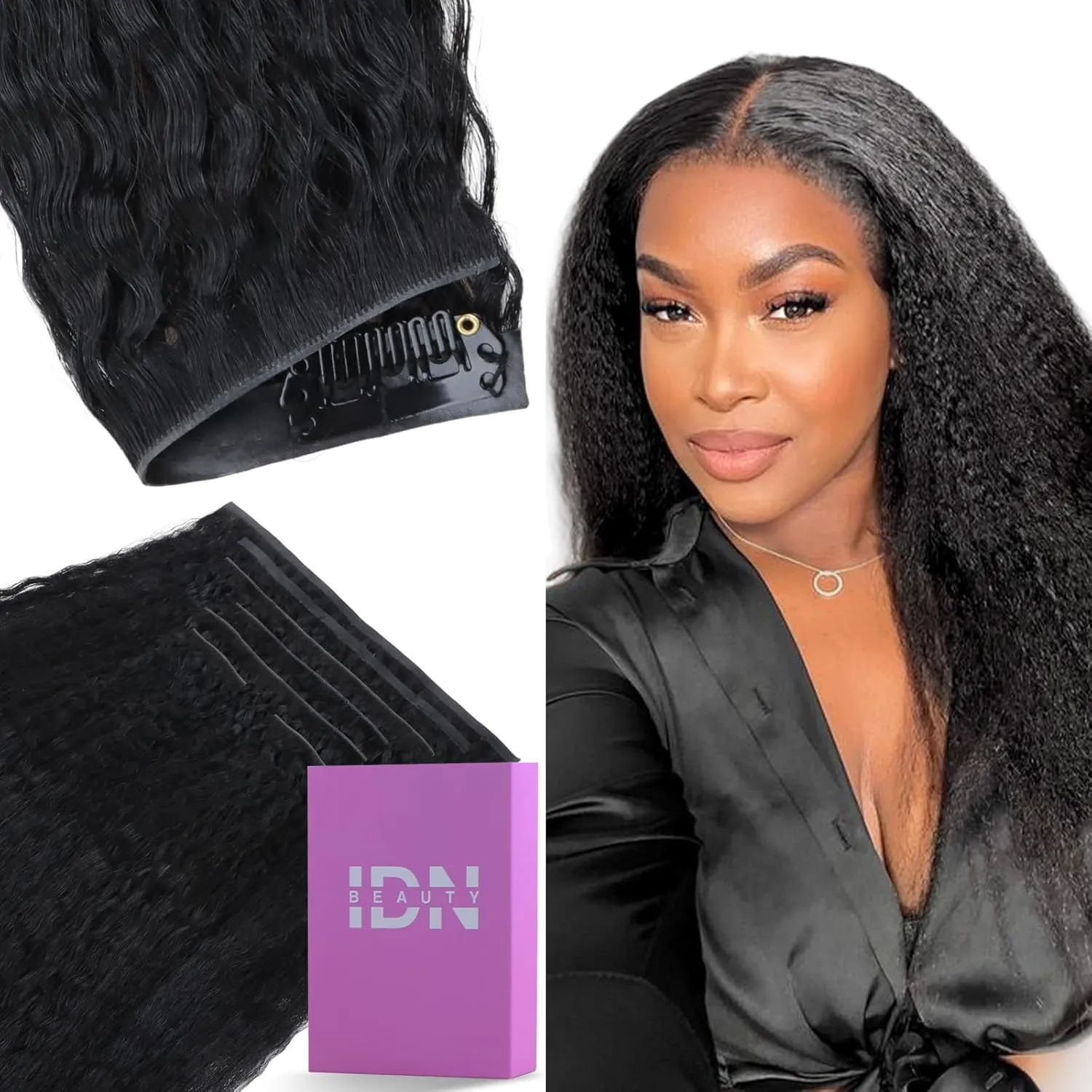 IDN BEAUTY 5 2 Invisi Edge Seamless Clip in Hair Extensions Human Hair Combo Pack, Kinky Straight 14 Inch 110g 5pcs Invisible Edge and 2pcs Seamless Clip ins for Black Women Natural Black No Leave Out