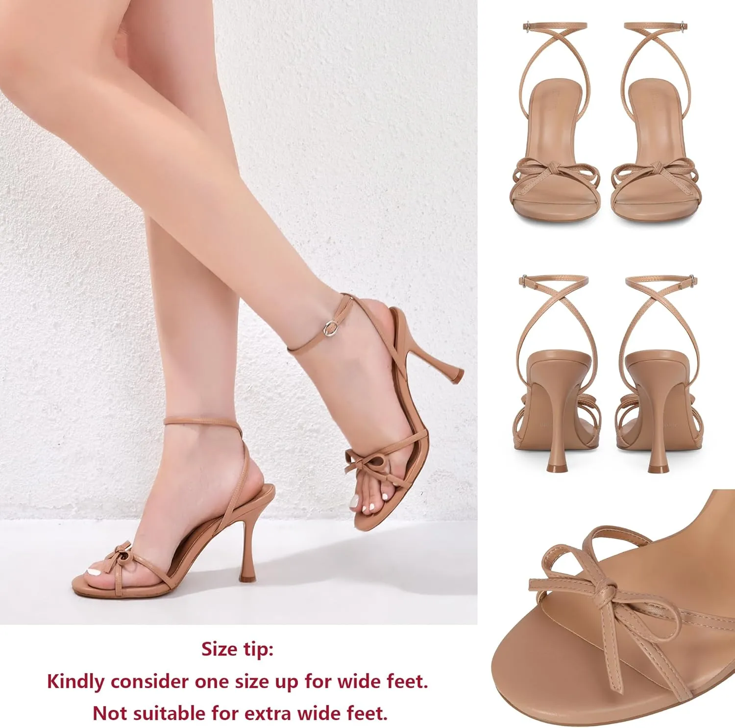 iiimmu Women's Bow Heels 4 IN Stiletto Heeled Sandals for Women Round Open Toe Sandals Elegant Summer Heels Soft PU Leather/Faux Suede