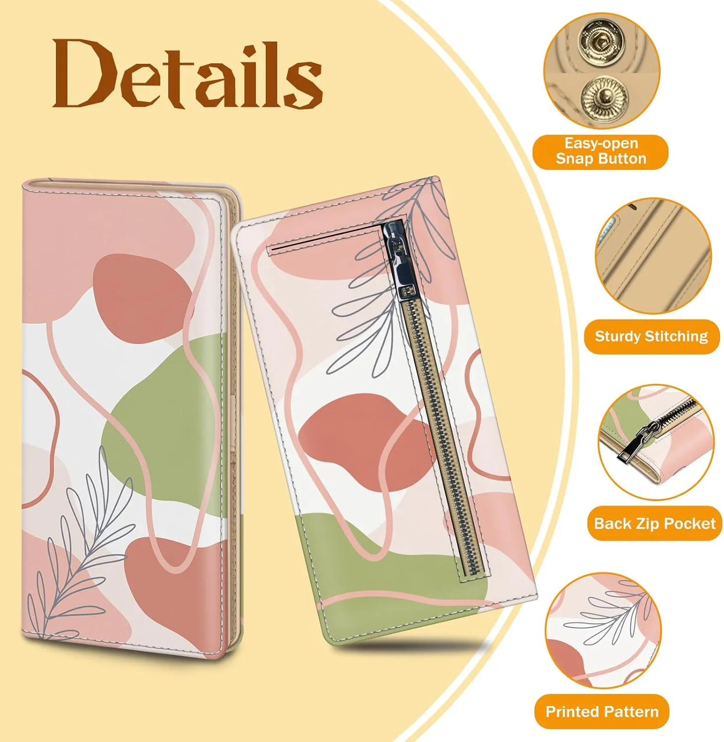 Immaturus Womens Wallet, Abstract Boho Slim Thin RFID Blocking Credit Card Wallets, Long Bifold PU Leather Card Holder Organizer, Cute Cash Clutch Billfold with Zipper Coin Pocket Ladies Girls Gift