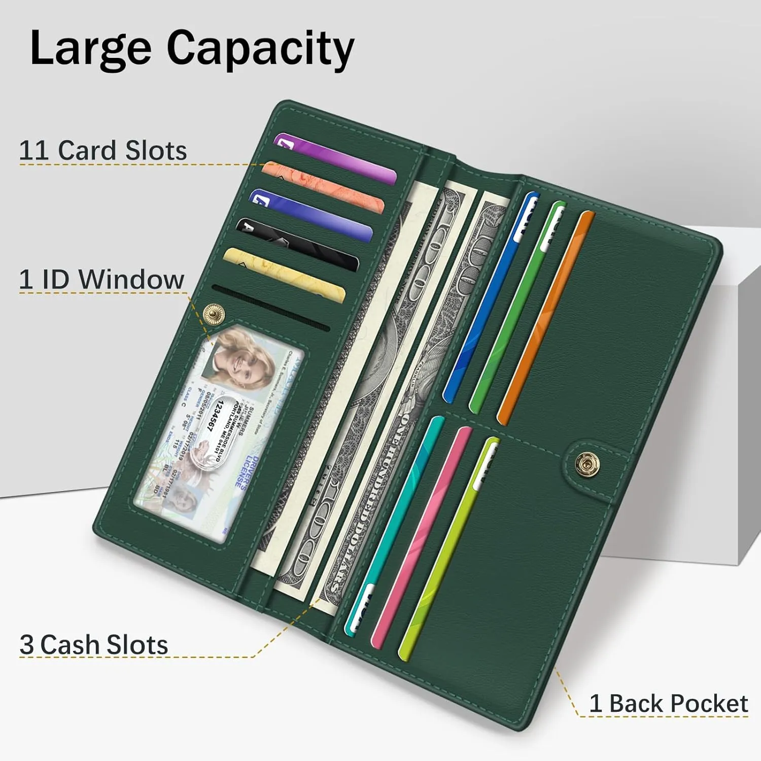 Immaturus Womens Wallet, Blue Green Slim Thin RFID Blocking Card Wallets, Bifold PU Leather Credit Card Holder Organizer, Cute Cash Clutch Long Billfold with Zipper Coin Pocket Ladies Girls Gift