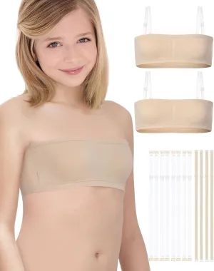 iMucci Girls Bandeau Bra Seamless Clear Strap Training Bras for Girls Sports Tube Top with Adjustable Clear Straps 7-16Y