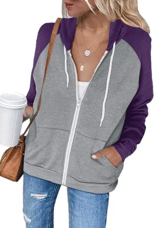 INFITTY Women's Casual Color Block Long Sleeve Zip Up Hooded Sweatshirt Lightweight Hoodies Jacket with Pocket