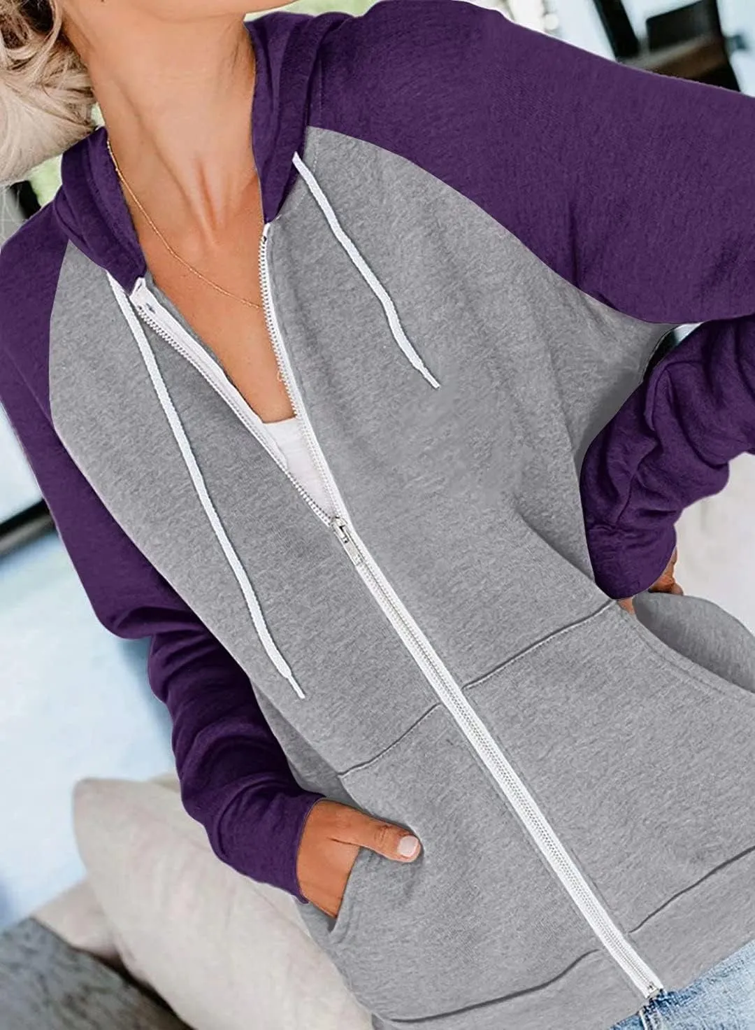 INFITTY Women's Casual Color Block Long Sleeve Zip Up Hooded Sweatshirt Lightweight Hoodies Jacket with Pocket