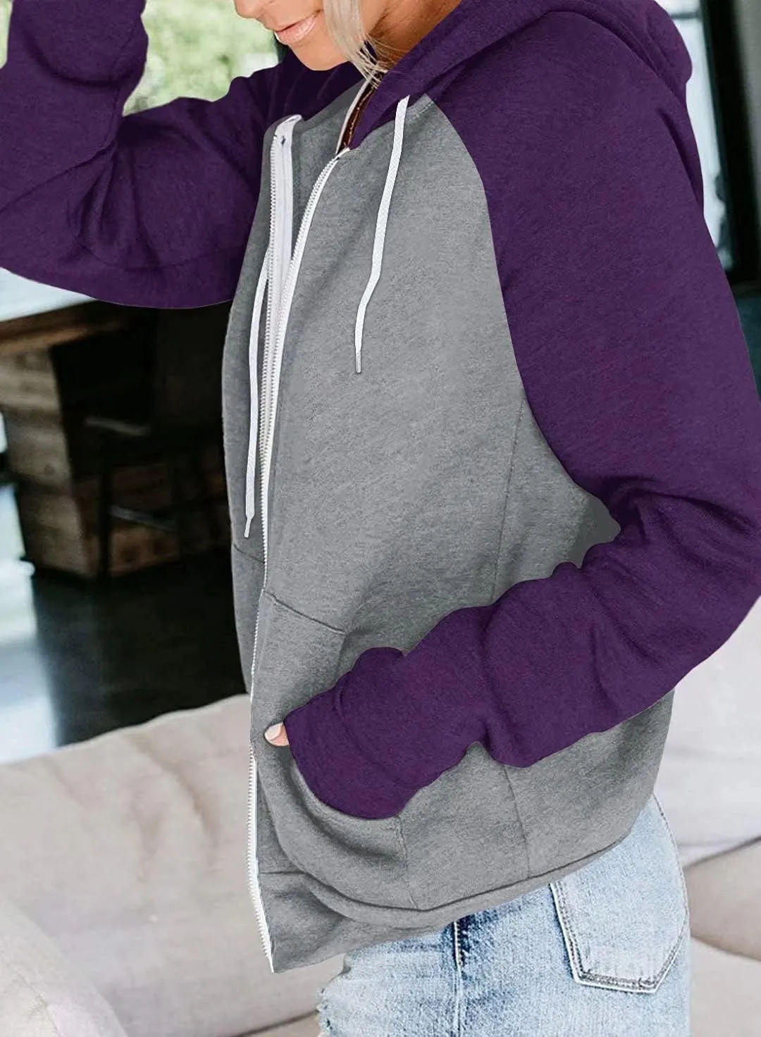 INFITTY Women's Casual Color Block Long Sleeve Zip Up Hooded Sweatshirt Lightweight Hoodies Jacket with Pocket