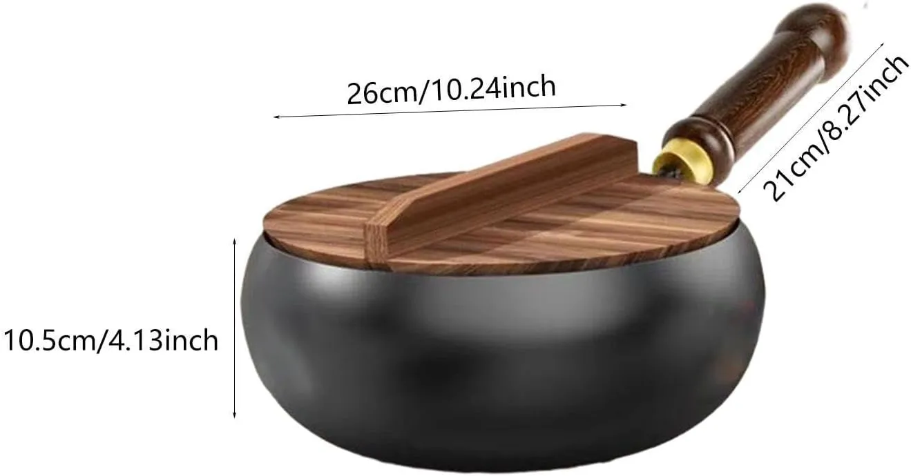 Iron Wok Flat Bottom Wooden Handle No Coating Boiling Gas Frying Pan Chinese Wok for Camping Home Kitchen Restaurant Hotel, Wooden lid, 26cm