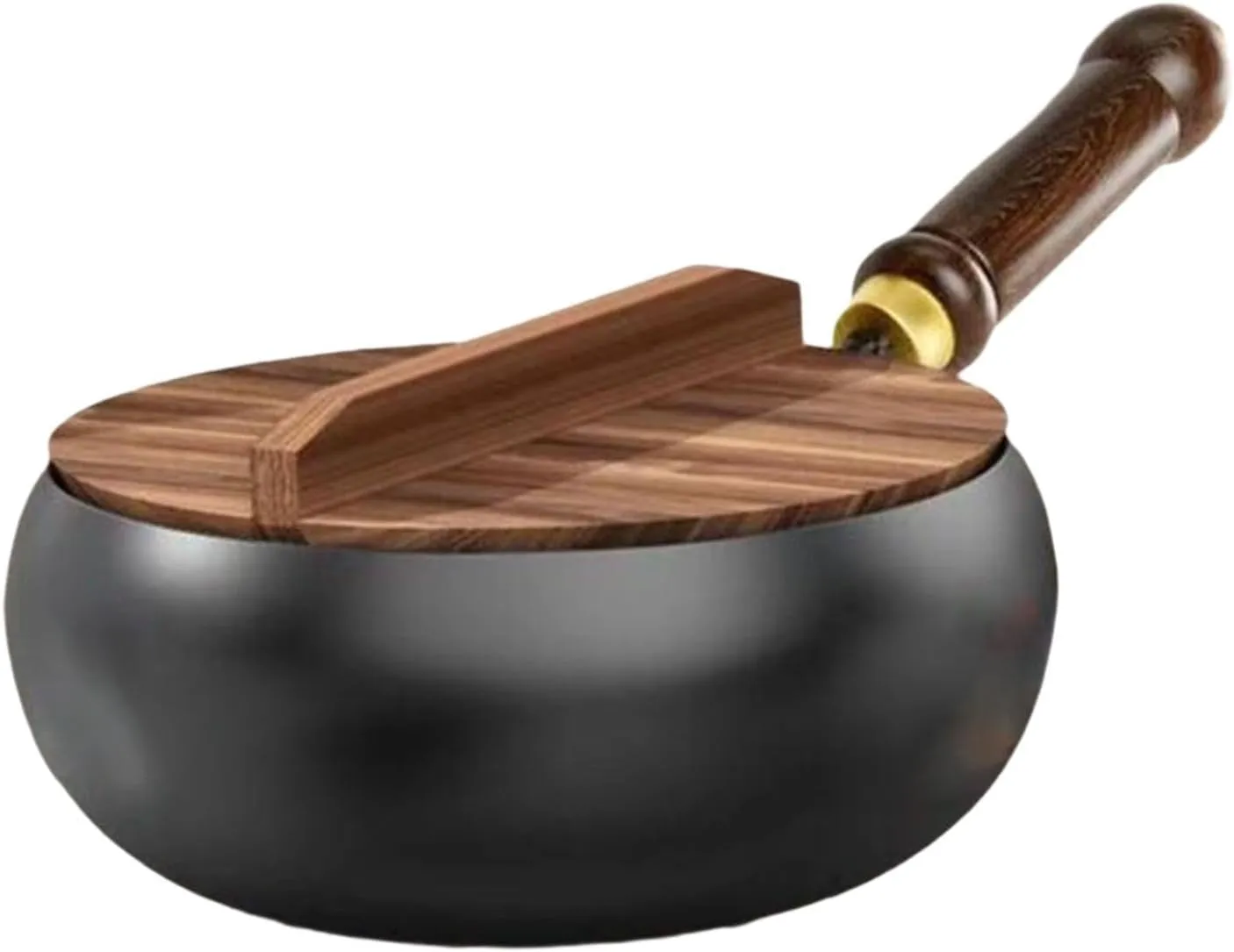 Iron Wok Flat Bottom Wooden Handle No Coating Boiling Gas Frying Pan Chinese Wok for Camping Home Kitchen Restaurant Hotel, Wooden lid, 26cm