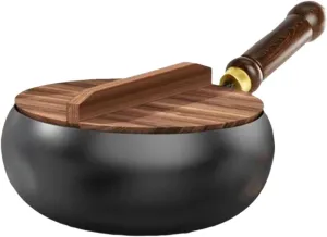 Iron Wok Flat Bottom Wooden Handle No Coating Boiling Gas Frying Pan Chinese Wok for Camping Home Kitchen Restaurant Hotel, Wooden lid, 26cm