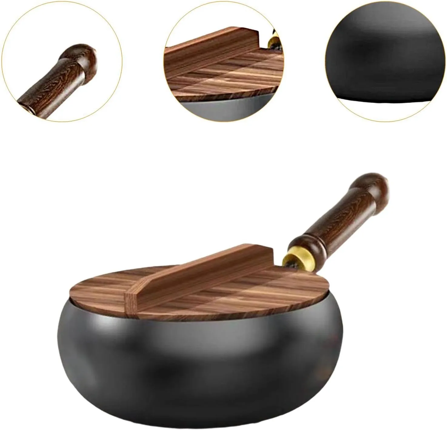 Iron Wok Flat Bottom Wooden Handle No Coating Boiling Gas Frying Pan Chinese Wok for Camping Home Kitchen Restaurant Hotel, Wooden lid, 26cm