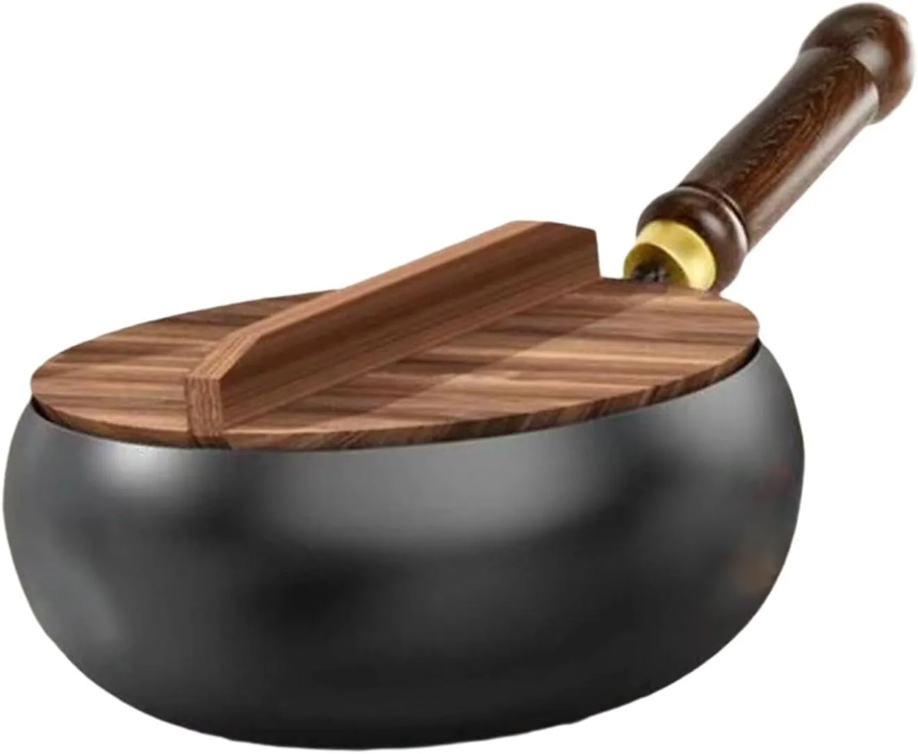 Iron Wok Flat Bottom Wooden Handle No Coating Boiling Gas Frying Pan Chinese Wok for Camping Home Kitchen Restaurant Hotel, Wooden lid, 26cm