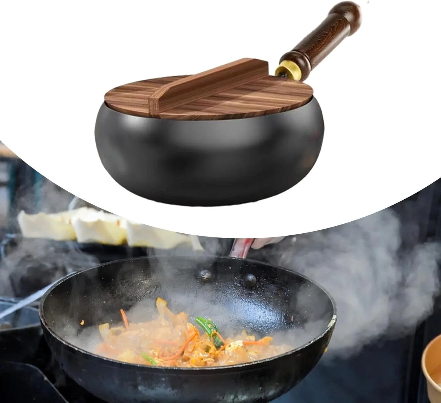 Iron Wok Flat Bottom Wooden Handle No Coating Boiling Gas Frying Pan Chinese Wok for Camping Home Kitchen Restaurant Hotel, Wooden lid, 26cm
