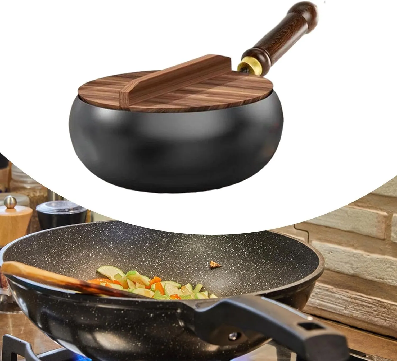 Iron Wok Flat Bottom Wooden Handle No Coating Boiling Gas Frying Pan Chinese Wok for Camping Home Kitchen Restaurant Hotel, Wooden lid, 26cm