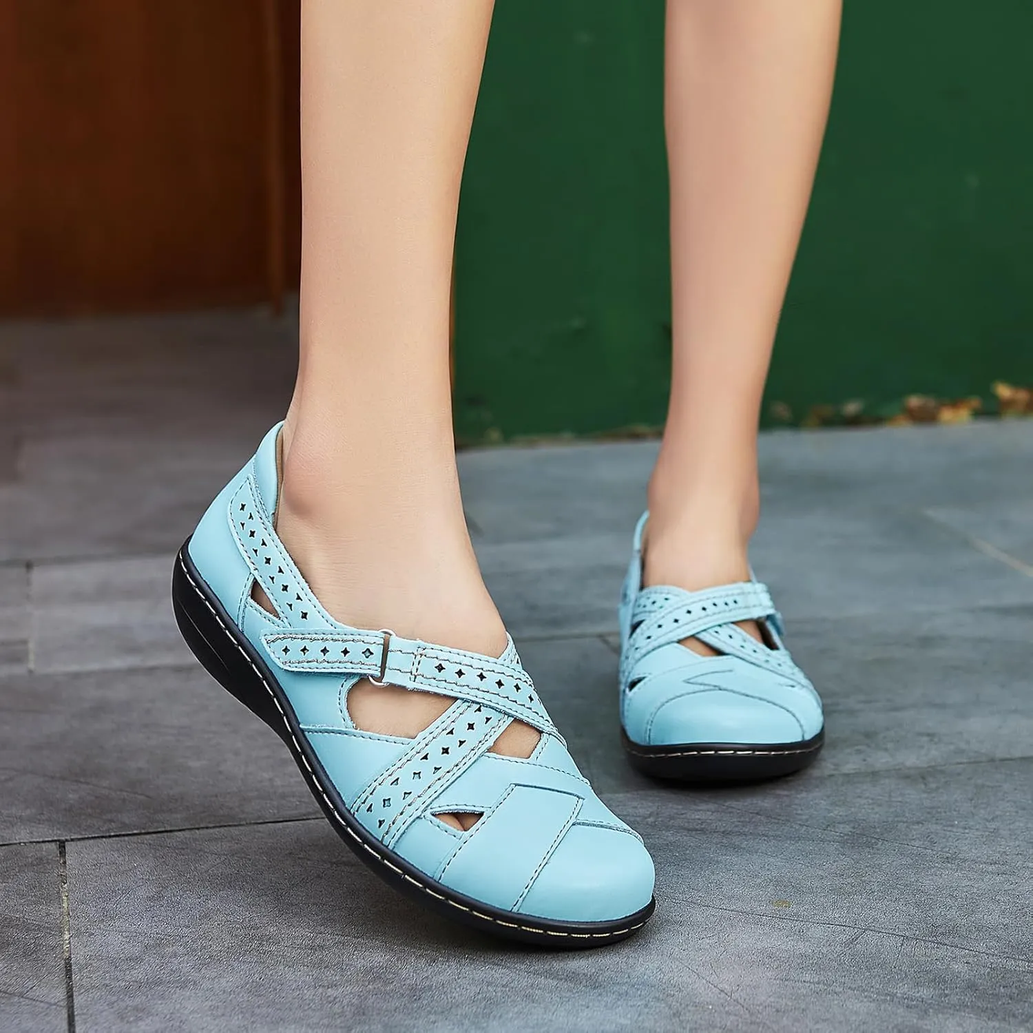 Irrefour Women's Classic Genuine Leather Casual Loafer Cute Slip-On Fashion Closed Toe Flat Sandal Comfy Work Sandal Everyday Walking Shoe