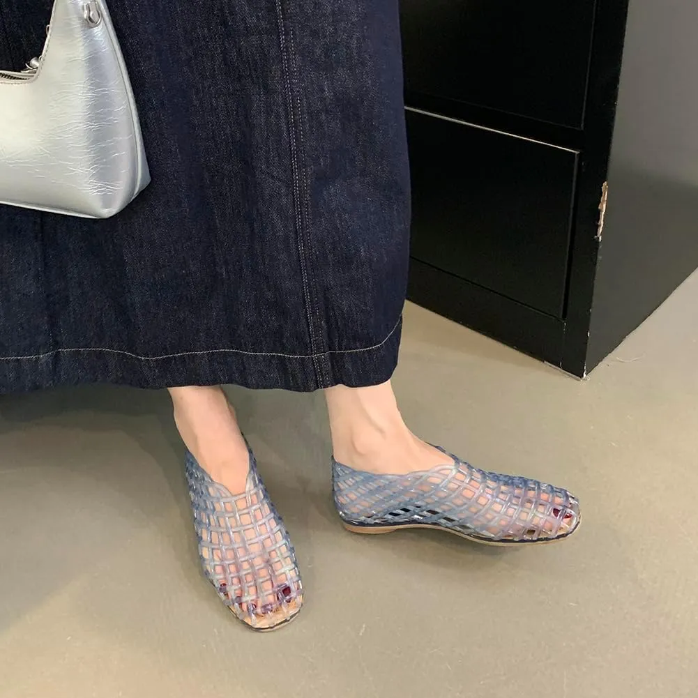 Jelly Mesh Ballet Flats for Women Slip-On Square Toe Lightweight Breathable Summer Slides Clear Hollow Jelly Sandals Beach Ballerina Jellies Shoes 2024 Newly