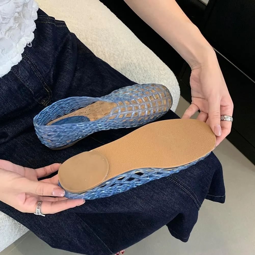 Jelly Mesh Ballet Flats for Women Slip-On Square Toe Lightweight Breathable Summer Slides Clear Hollow Jelly Sandals Beach Ballerina Jellies Shoes 2024 Newly