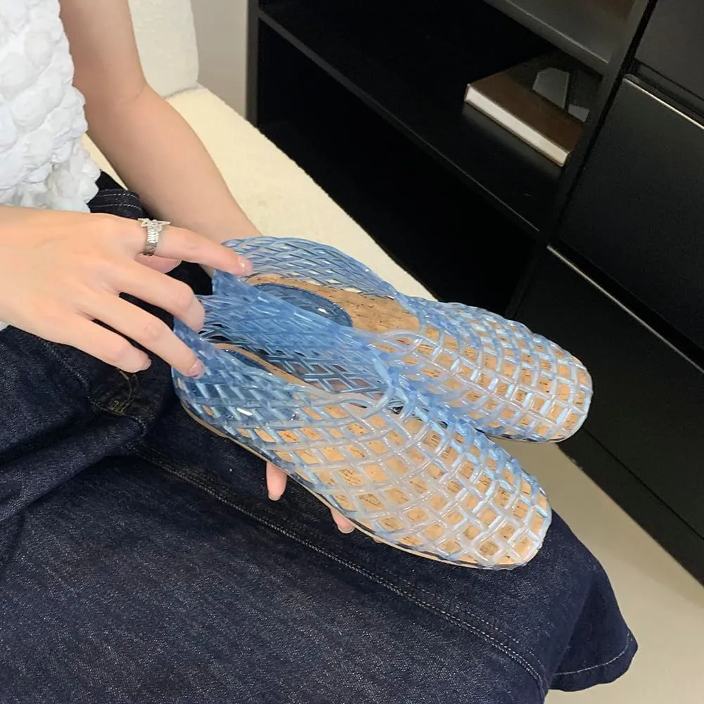 Jelly Mesh Ballet Flats for Women Slip-On Square Toe Lightweight Breathable Summer Slides Clear Hollow Jelly Sandals Beach Ballerina Jellies Shoes 2024 Newly