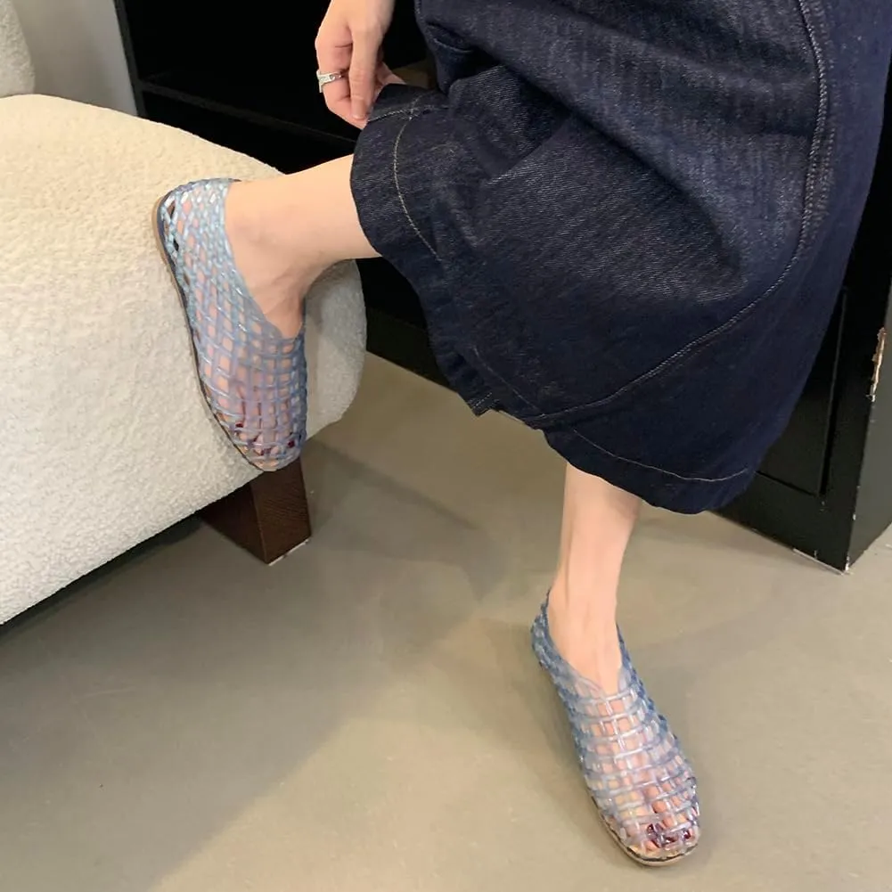 Jelly Mesh Ballet Flats for Women Slip-On Square Toe Lightweight Breathable Summer Slides Clear Hollow Jelly Sandals Beach Ballerina Jellies Shoes 2024 Newly
