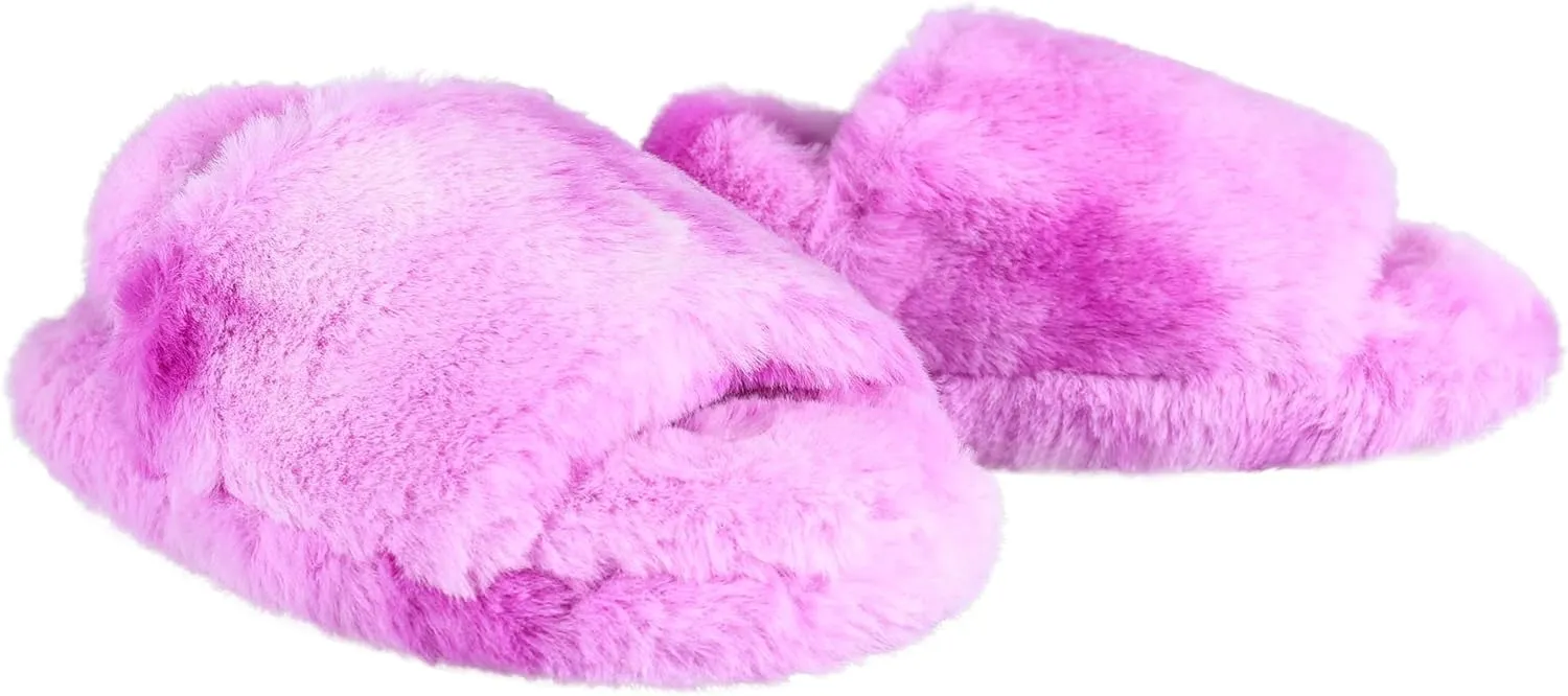 Jessica Simpson Girl's Plush Faux Fur Slip on House Slippers with Memory Foam