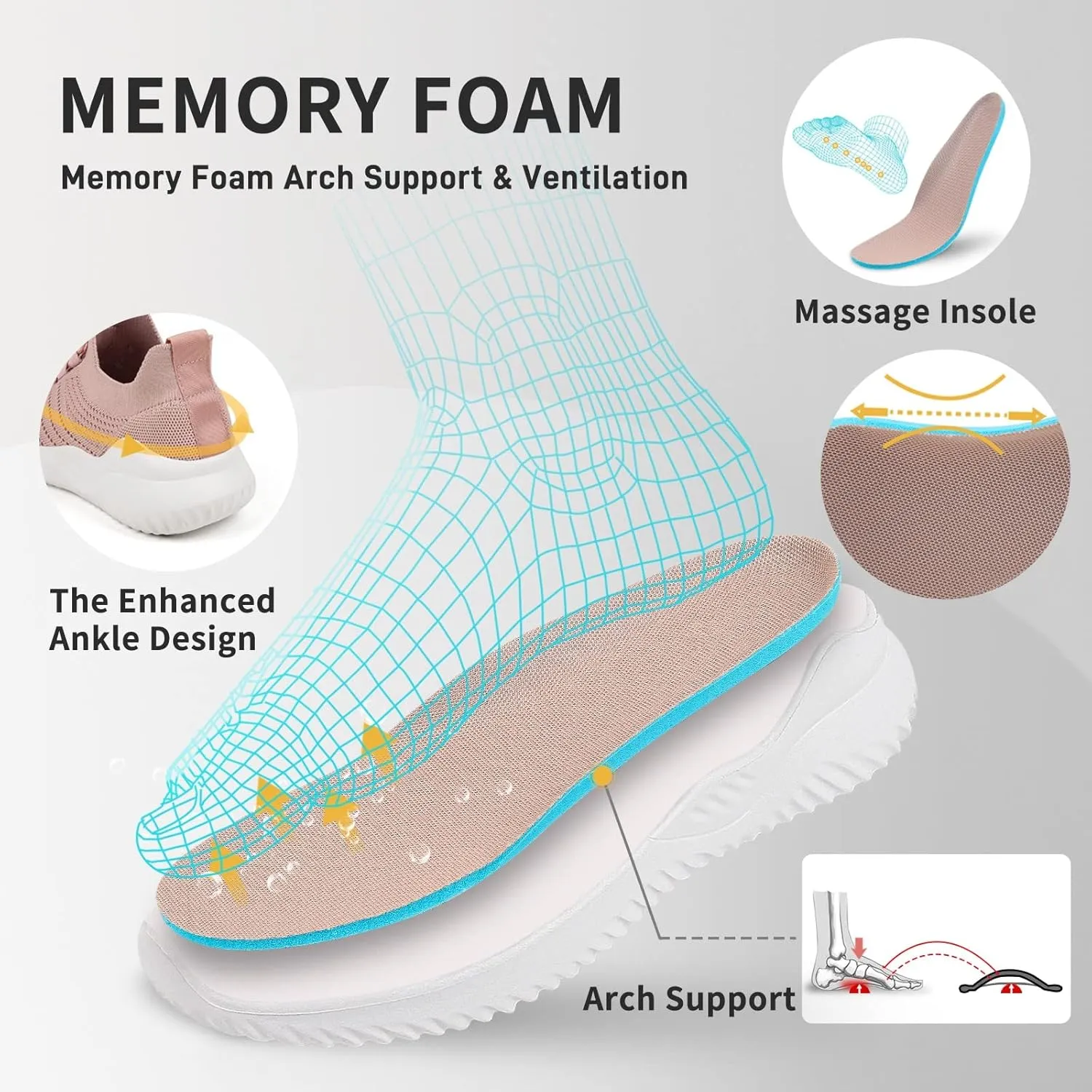 JIAFO Women's Walking Shoes, Slip on Tennis Shoes Women, Non Slip Shoes Sneakers, Casual Athletic Running Lightweight Breathable Mesh Knit