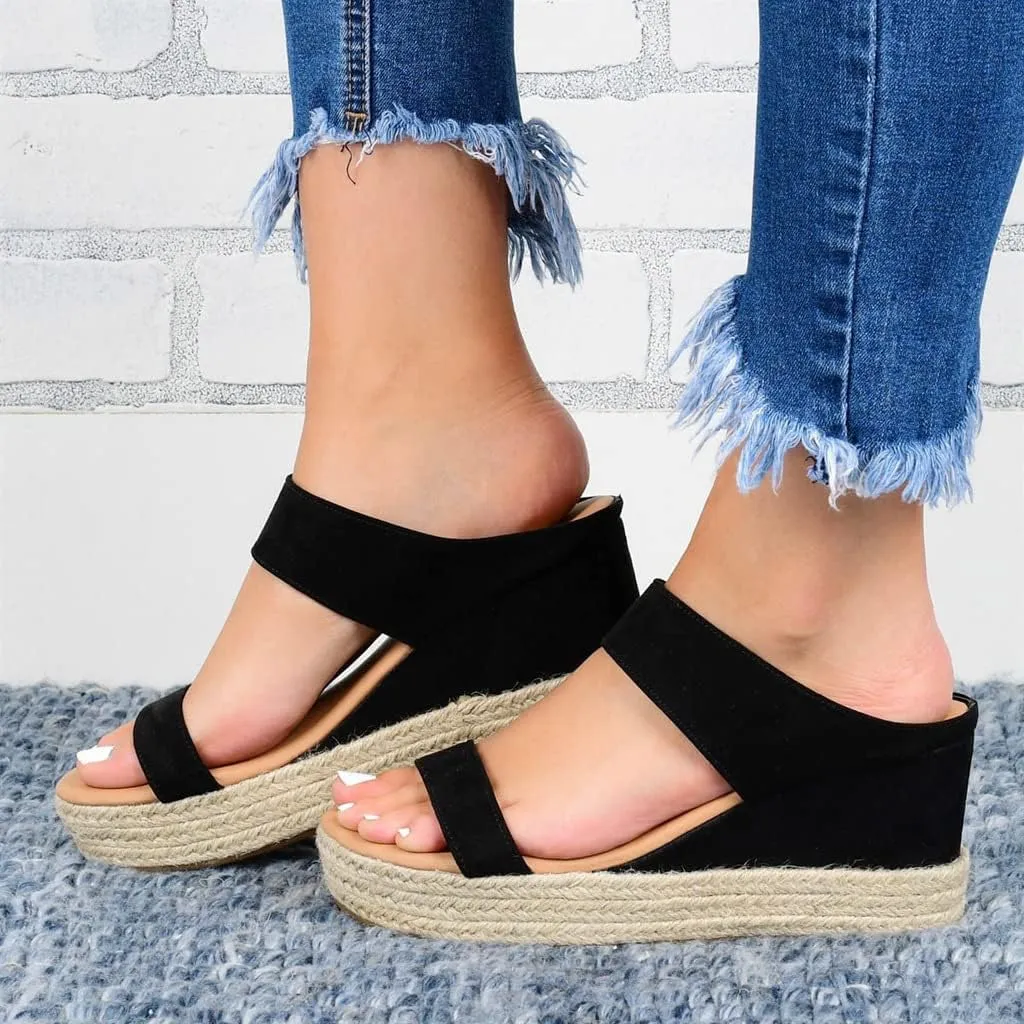 JITUUE Women's Open Toes Straps Wedge Slippers Sandals Low Heels Hemp Rope Casual Ankle Slingback Dress Shoes