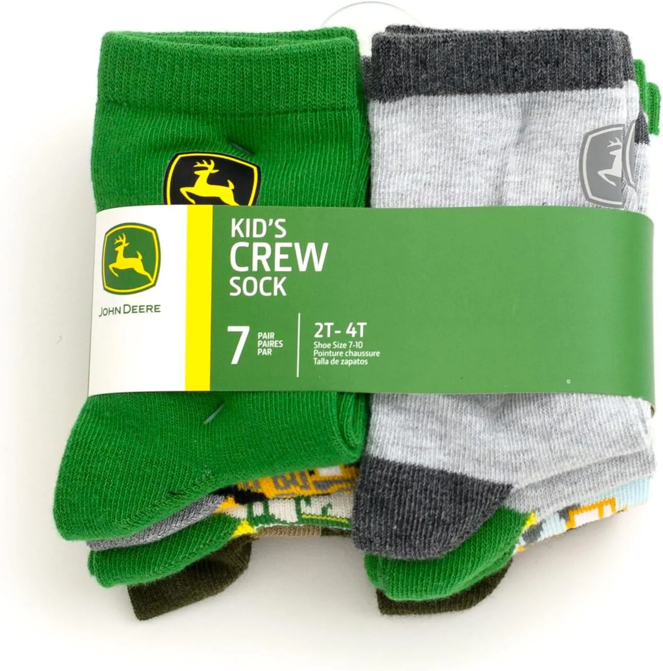 John Deere Truck 7 Pack Non-Slip Grip Crew Socks Toddler to Little Kid Sizes (2T-4T - 4-6)