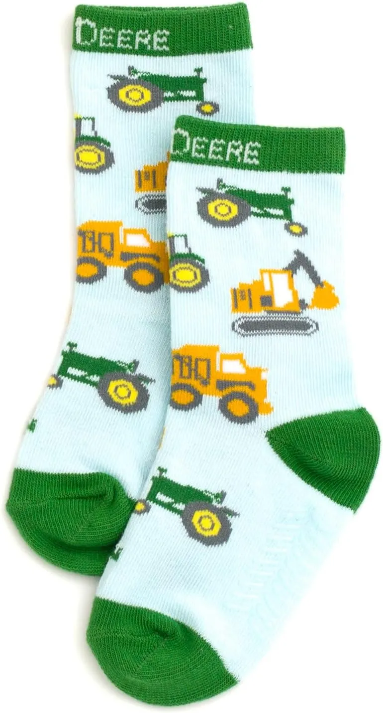 John Deere Truck 7 Pack Non-Slip Grip Crew Socks Toddler to Little Kid Sizes (2T-4T - 4-6)