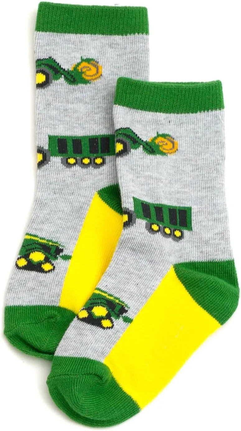 John Deere Truck 7 Pack Non-Slip Grip Crew Socks Toddler to Little Kid Sizes (2T-4T - 4-6)