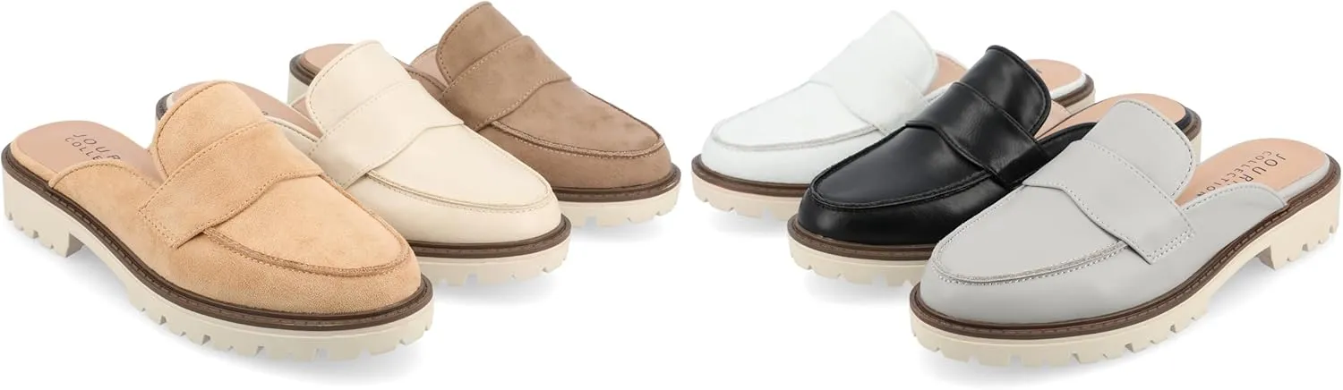 Journee Womens Slip On Loafer Mule Shoes Treaded Outsole Almond Toe Miycah Tru Comfort Foam Block Heel Flats