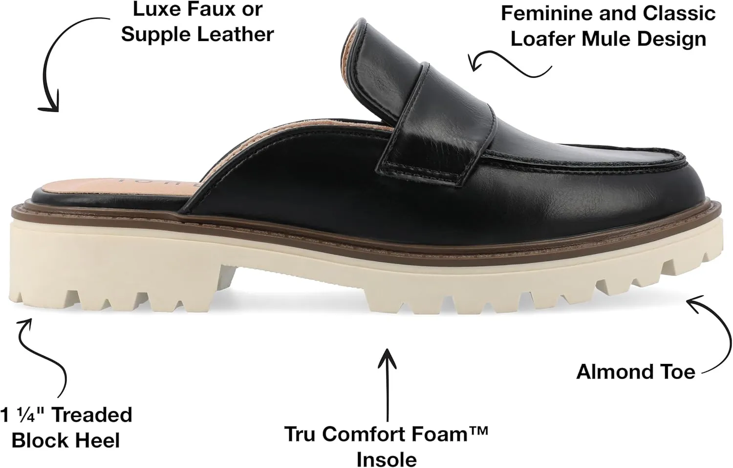 Journee Womens Slip On Loafer Mule Shoes Treaded Outsole Almond Toe Miycah Tru Comfort Foam Block Heel Flats