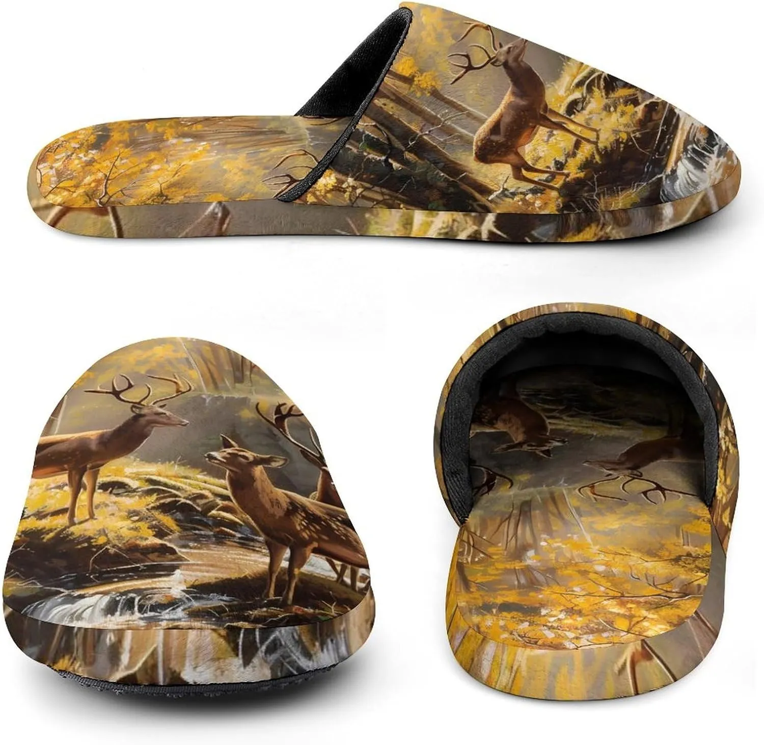 Jungle Hunting Deer Autumn Stream Warm Mens Slippers Winter Slip On Breathable Lightweight House Shoes Washable Indoor