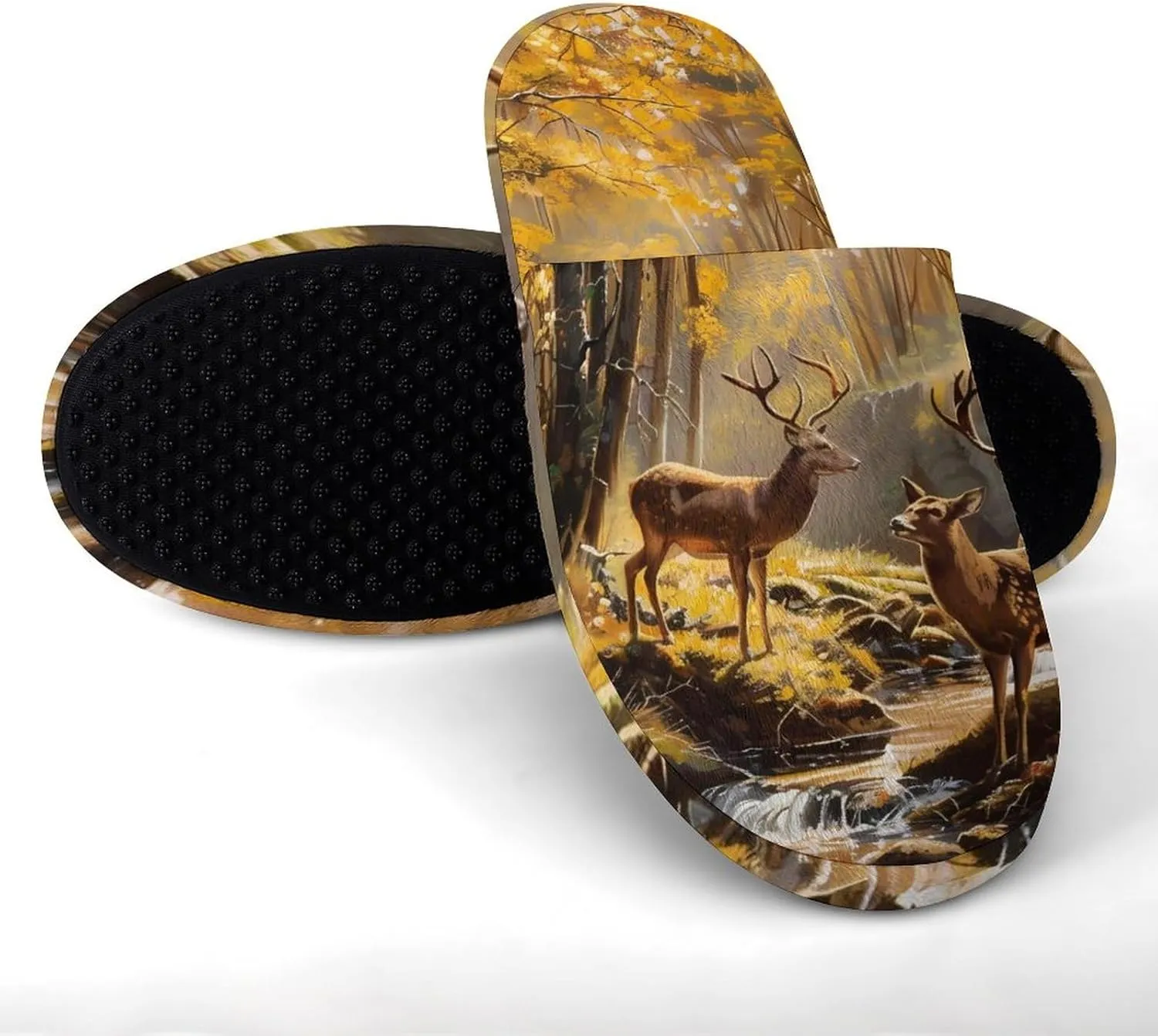 Jungle Hunting Deer Autumn Stream Warm Mens Slippers Winter Slip On Breathable Lightweight House Shoes Washable Indoor