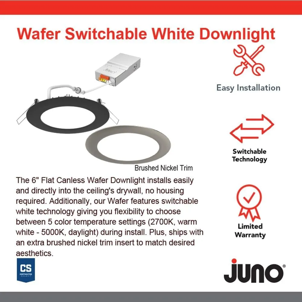 Juno LED Recessed Lights 6 Inch Round Wafer Downlight, 5-in-1 Switchable White Color Temperature, 120 Volts, 6-Inch Ultra-Thin Flat Trim, Matte Black with Brushed Nickel Trim (WF6 SWW5 90CRI MBBN M6)