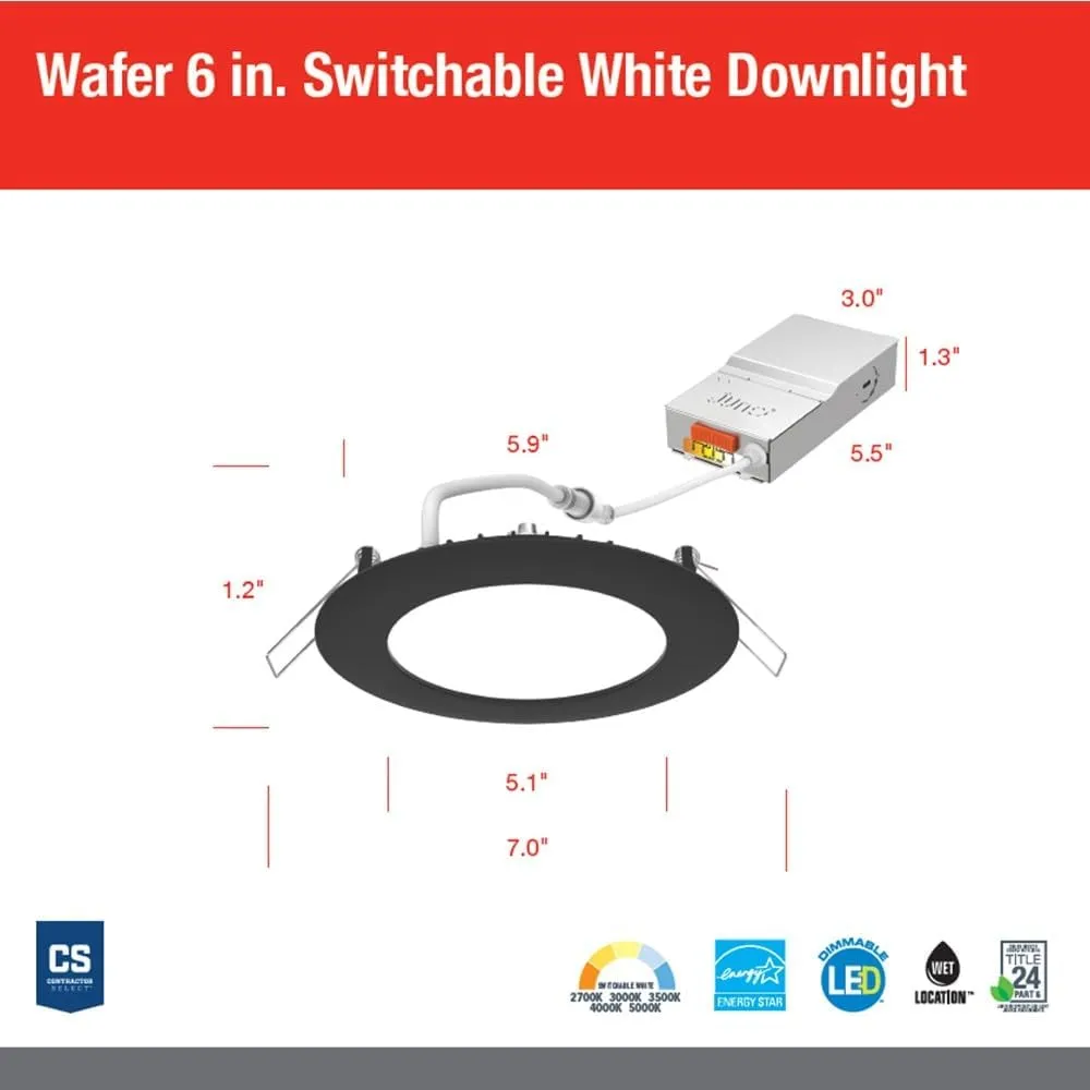 Juno LED Recessed Lights 6 Inch Round Wafer Downlight, 5-in-1 Switchable White Color Temperature, 120 Volts, 6-Inch Ultra-Thin Flat Trim, Matte Black with Brushed Nickel Trim (WF6 SWW5 90CRI MBBN M6)