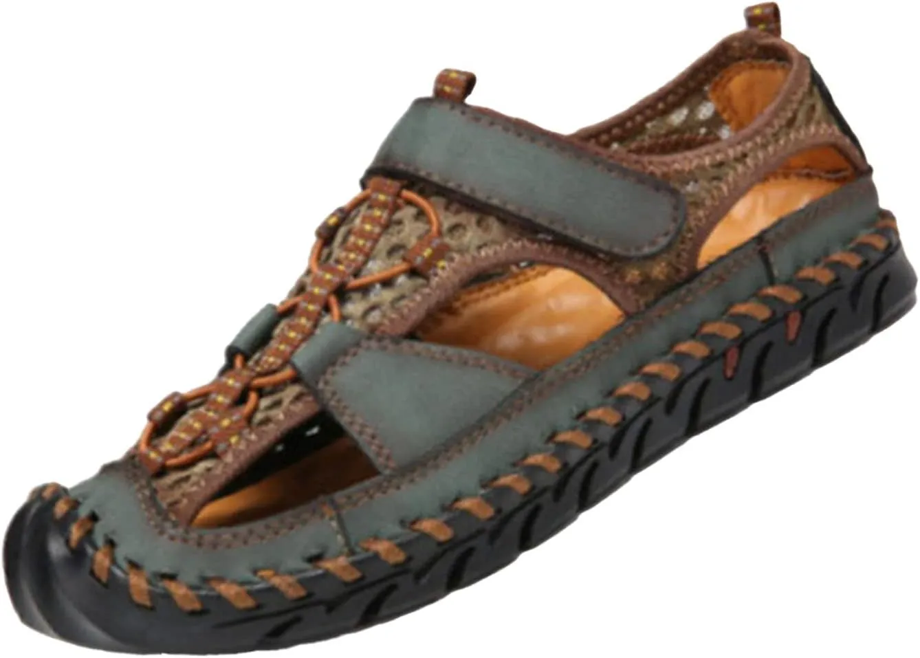 Keilinia Men's Summer Closed Toe Hiking Sandals,Comfy Breathe Leather Splicing Mesh Non-Slip Softsole Outdoor Travel Beach Shoes