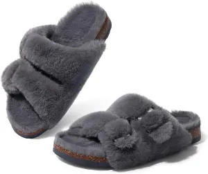 KIDMI Fuzzy Slippers Women with Cork Footbed Fluffy Slides Open Toe Indoor House Shoes | Arch Support | Adjustable Buckles