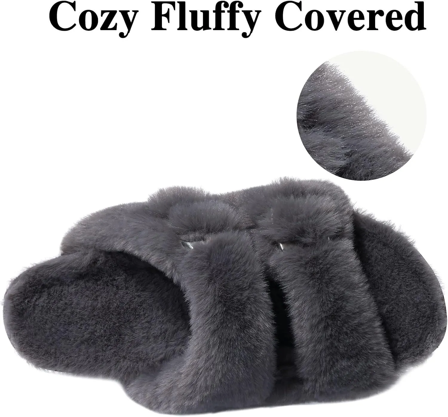KIDMI Fuzzy Slippers Women with Cork Footbed Fluffy Slides Open Toe Indoor House Shoes | Arch Support | Adjustable Buckles