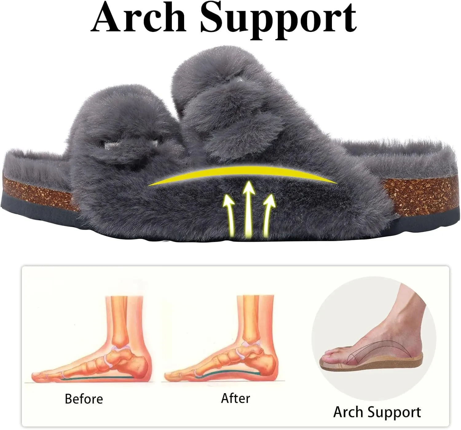 KIDMI Fuzzy Slippers Women with Cork Footbed Fluffy Slides Open Toe Indoor House Shoes | Arch Support | Adjustable Buckles