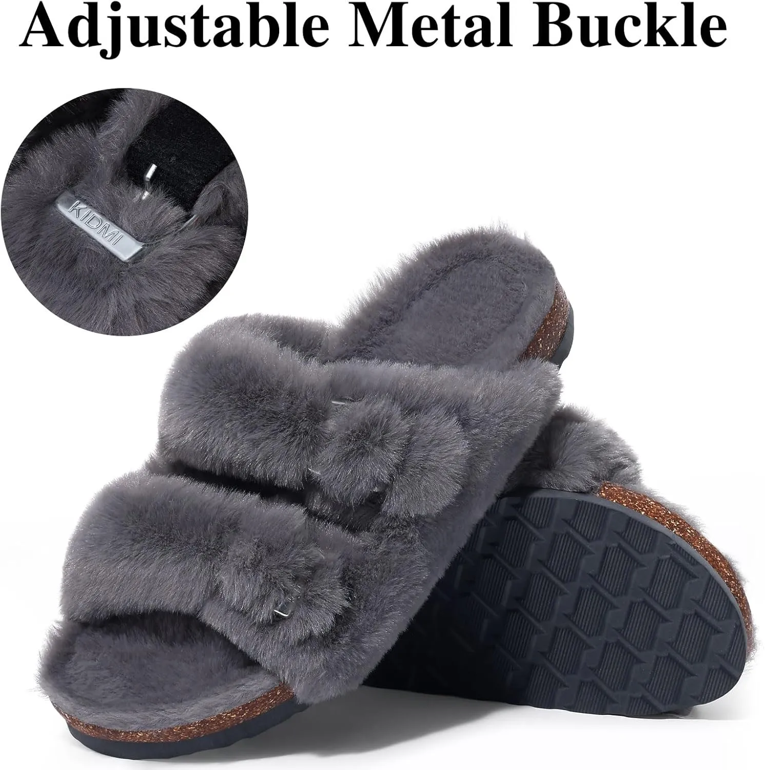 KIDMI Fuzzy Slippers Women with Cork Footbed Fluffy Slides Open Toe Indoor House Shoes | Arch Support | Adjustable Buckles