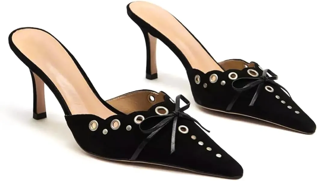 Kitten Heels for Women Pointed Toe Heels Studded Slip On Bow Heels Mules Faux Suede Sandals Kitten Heel Pumps